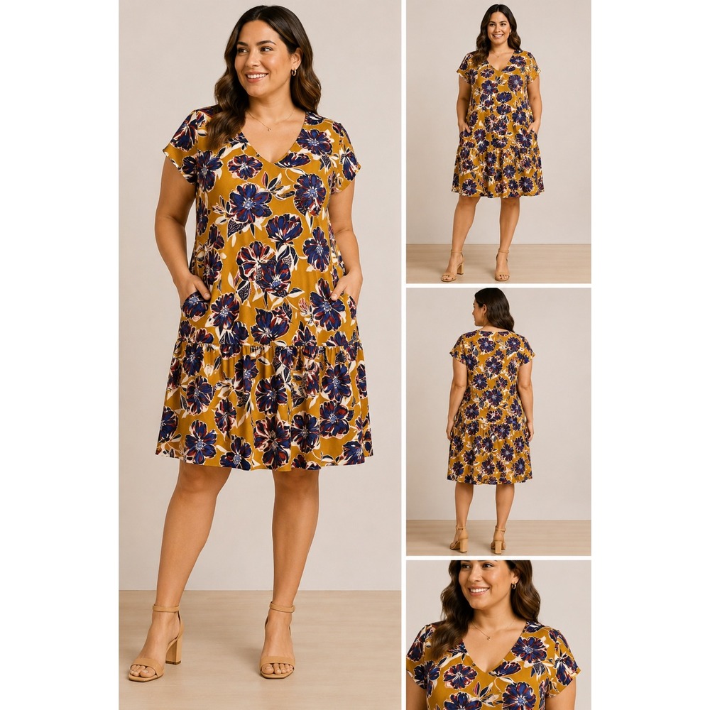 Garnet Hill Mustard Floral Knit Viscose V-Neck Shift Pocket Dress Size 14
